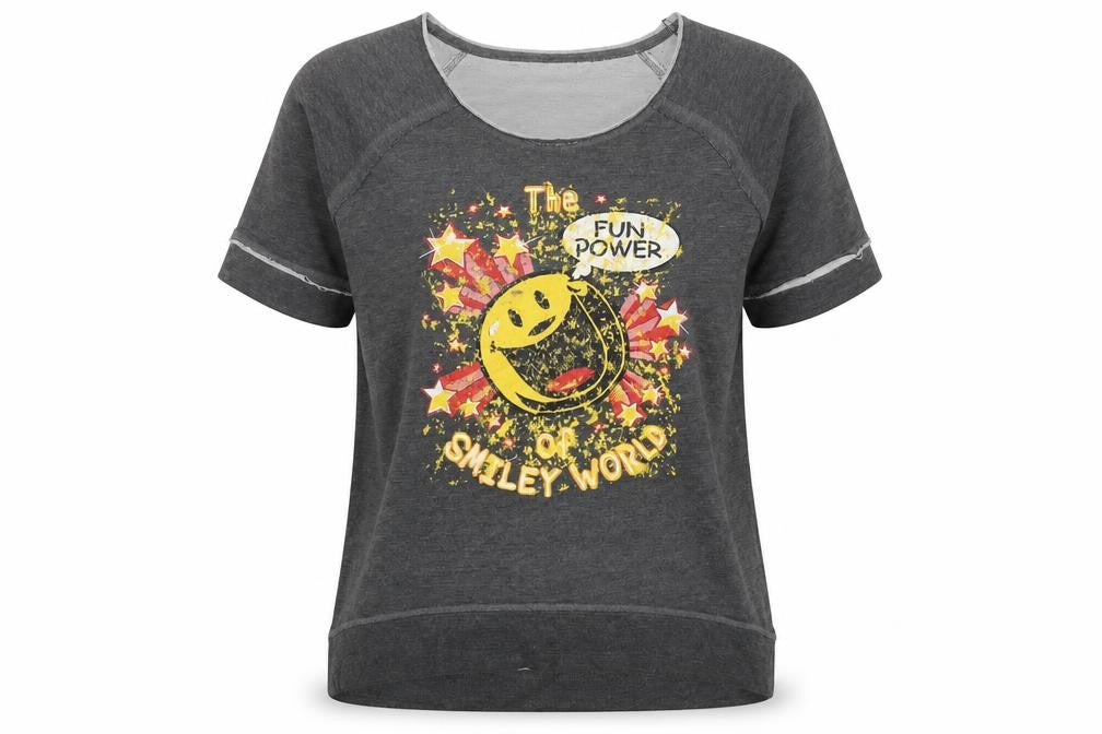 Front view of Smiley women’s grey cotton basic t-shirt, size M, boat neck