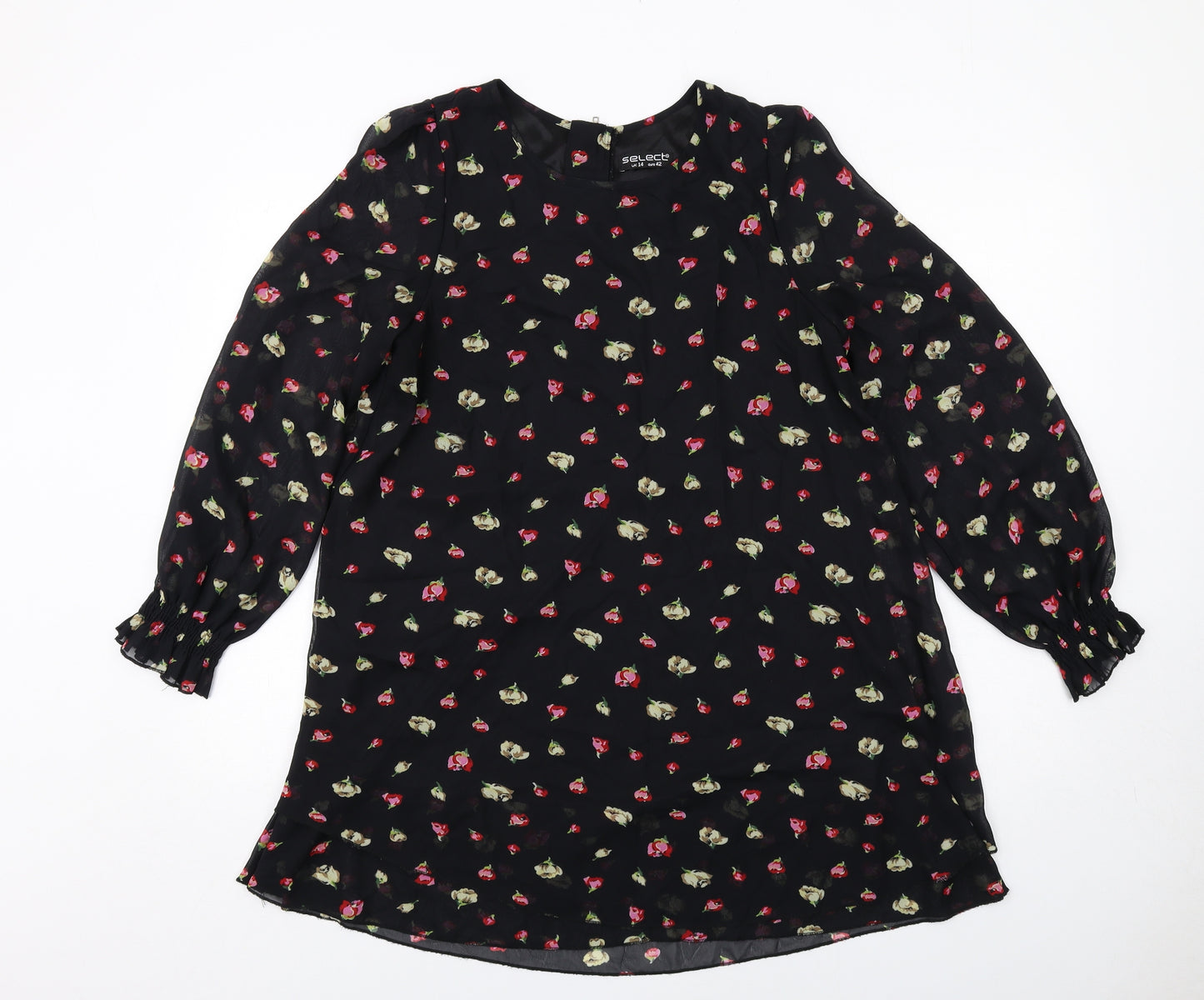 Select Womens Black Floral Polyester Trapeze & Swing Size 14 Boat Neck Zip