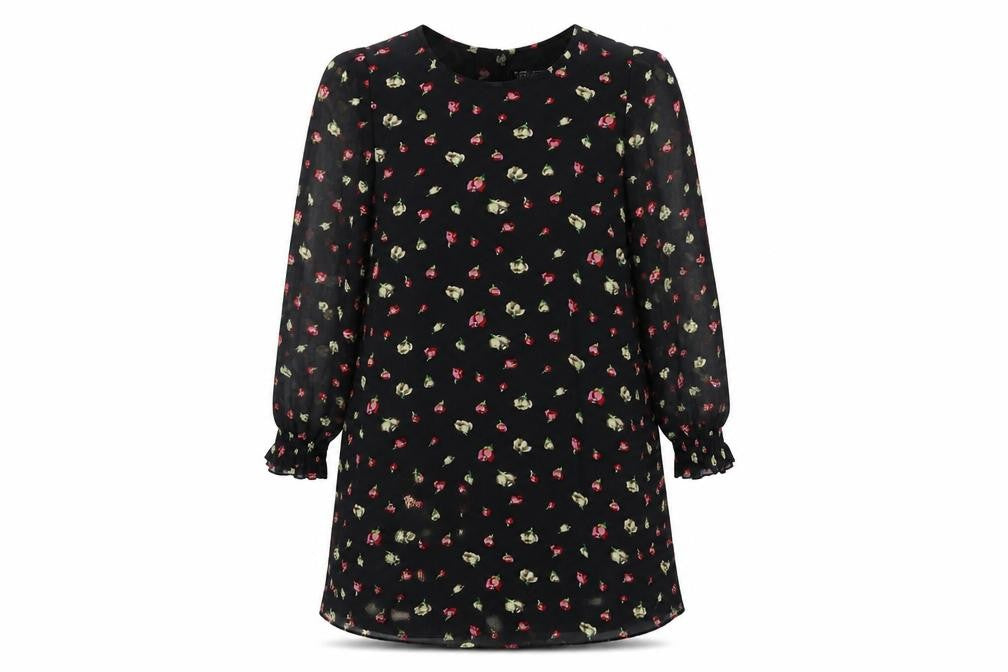 Front view of Select women’s black floral polyester trapeze & swing, size UK 14, boat neck zip