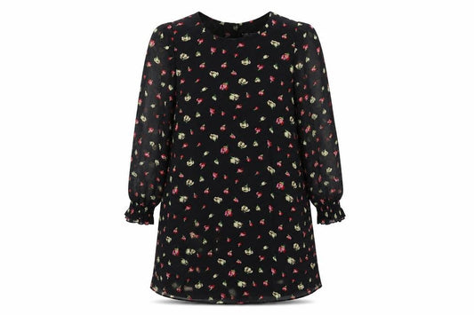 Front view of Select women’s black floral polyester trapeze & swing, size UK 14, boat neck zip