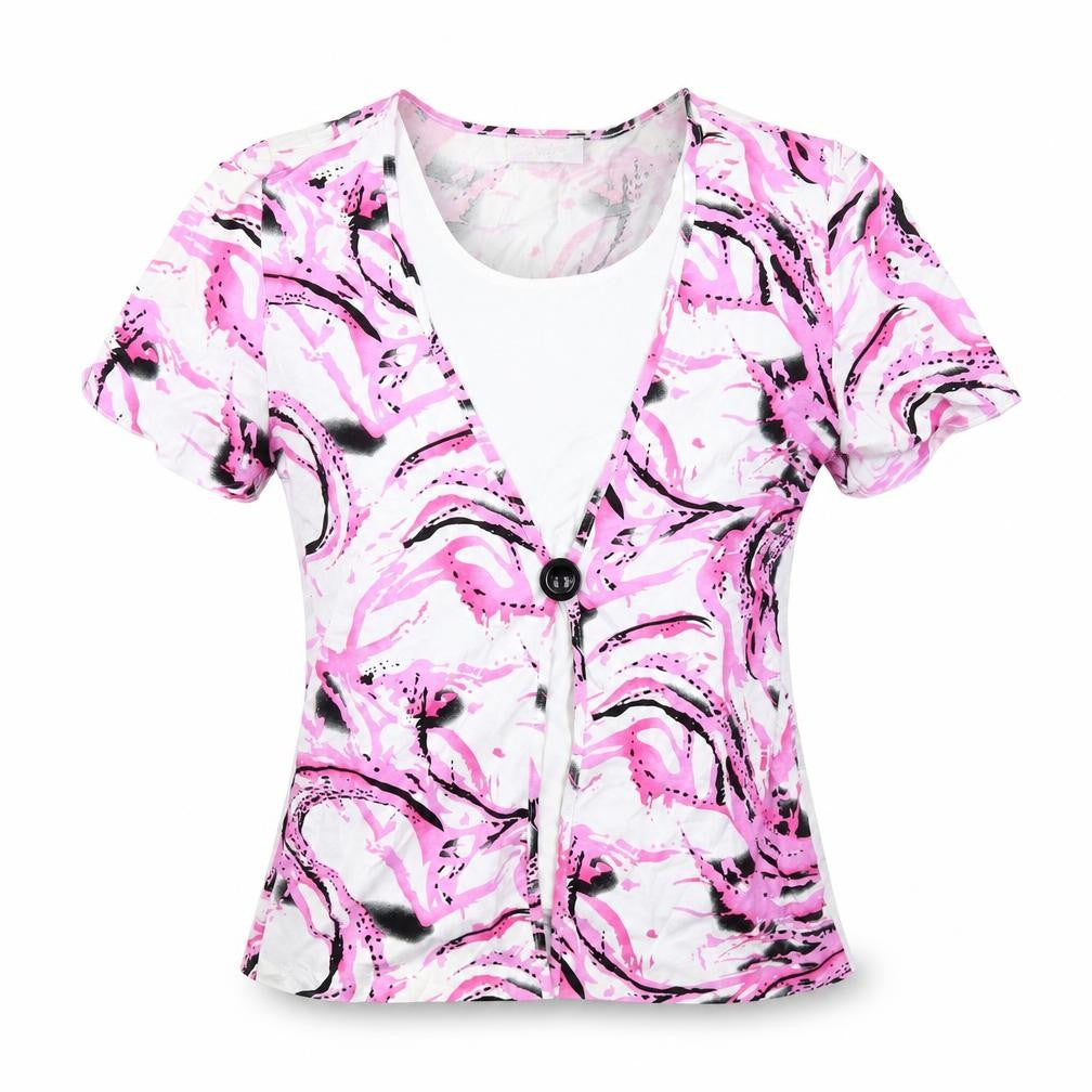 Front view of Saloos women’s pink geometric viscose basic blouse, size M, round neck
