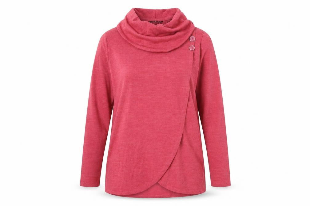 Front view of TIGI women’s pink roll neck polyester jumper, size UK 14