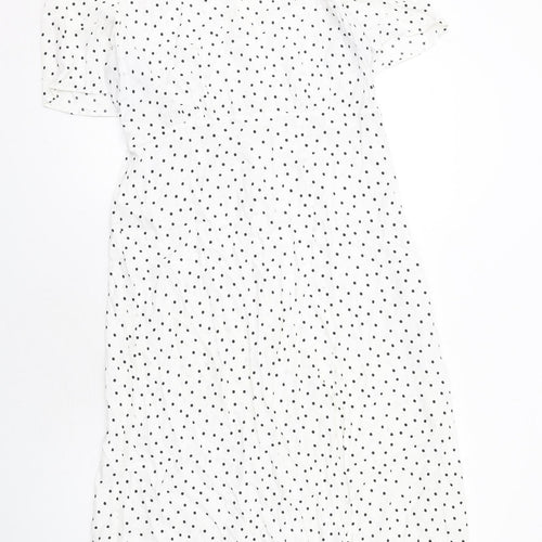 New Look Womens White Polka Dot Viscose A-Line Size 16 Boat Neck Button