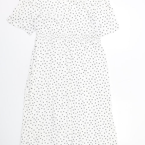 New Look Womens White Polka Dot Viscose A-Line Size 16 Boat Neck Button