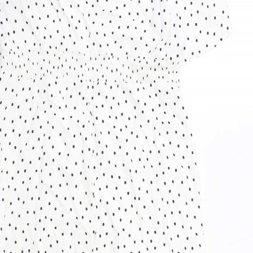 New Look Womens White Polka Dot Viscose A-Line Size 16 Boat Neck Button
