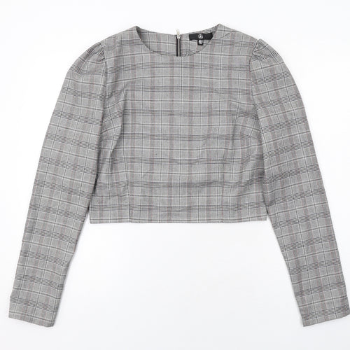 Missguided Womens Grey Plaid Polyester Cropped Blouse Size 12 Boat Neck