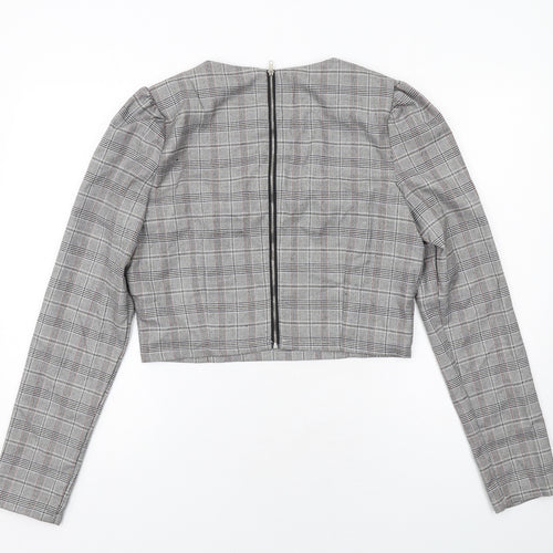 Missguided Womens Grey Plaid Polyester Cropped Blouse Size 12 Boat Neck