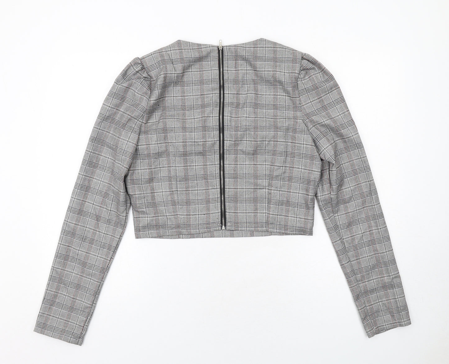 Missguided Womens Grey Plaid Polyester Cropped Blouse Size 12 Boat Neck