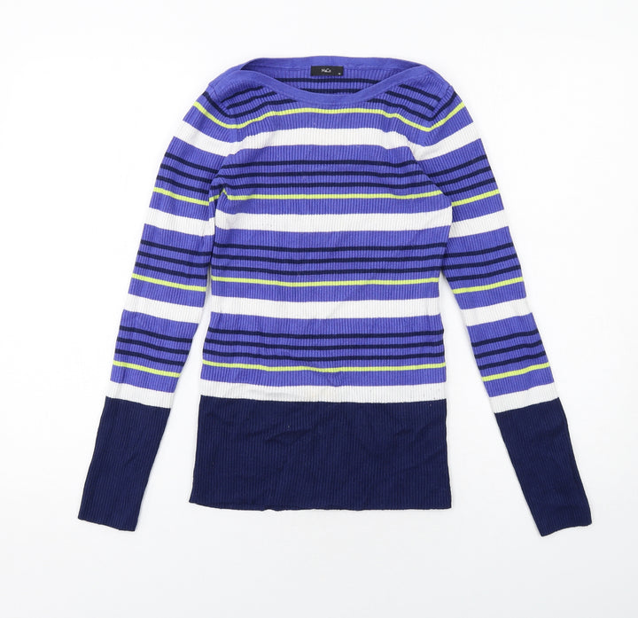 M&Co Womens Blue Boat Neck Striped Viscose Pullover Jumper Size 12