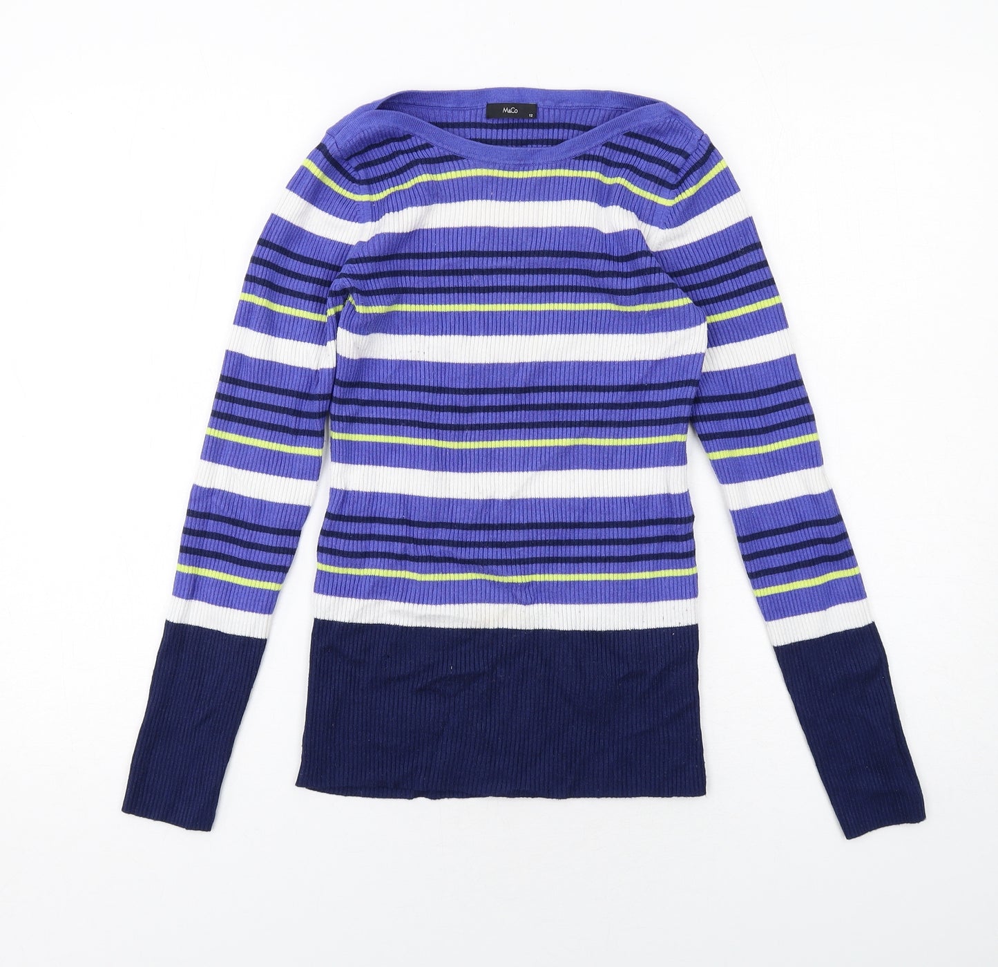 M&Co Womens Blue Boat Neck Striped Viscose Pullover Jumper Size 12