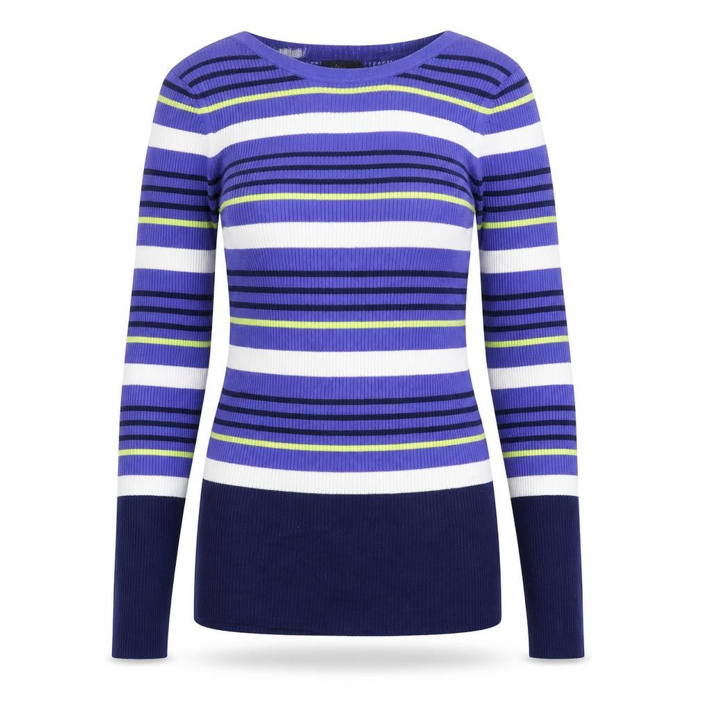 Front view of M&Co women’s blue boat neck striped viscose jumper, size UK 12