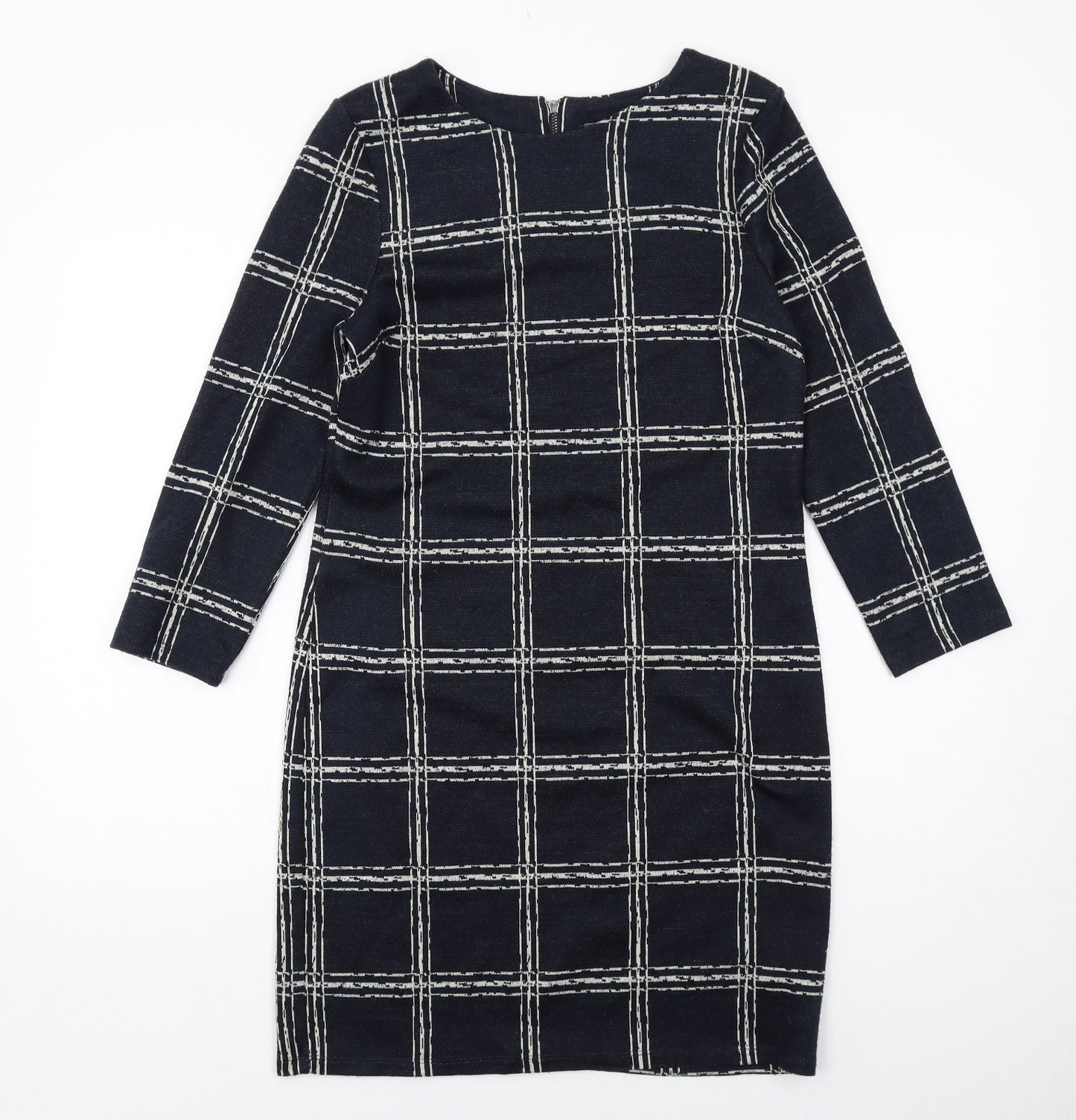 Phase Eight Womens Blue Check Acrylic Pencil Dress Size 10 Boat Neck Zip
