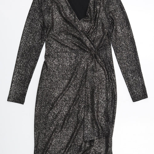 Marks and Spencer Womens Black Polyester Sheath Size 10 V-Neck Pullover - Wrap Front Detail