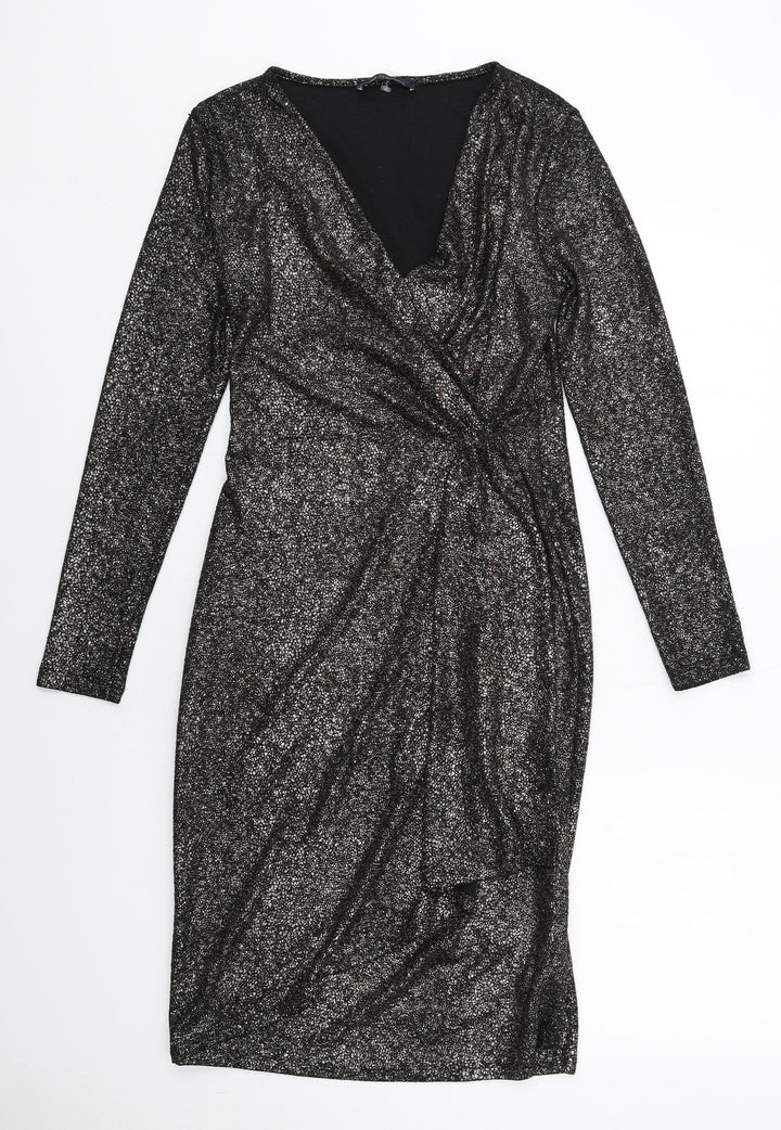Marks and Spencer Womens Black Polyester Sheath Size 10 V-Neck Pullover - Wrap Front Detail