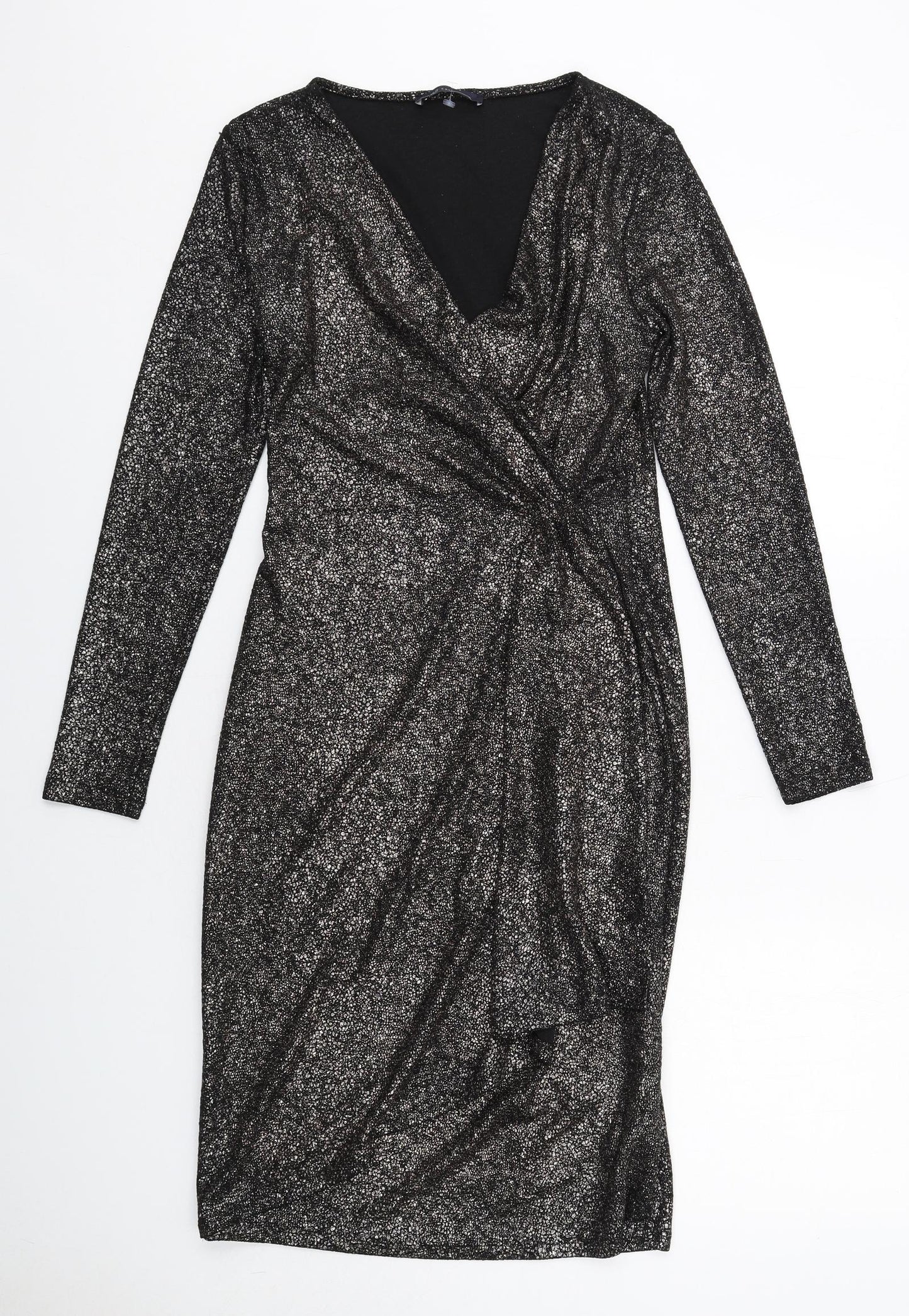 Marks and Spencer Womens Black Polyester Sheath Size 10 V-Neck Pullover - Wrap Front Detail