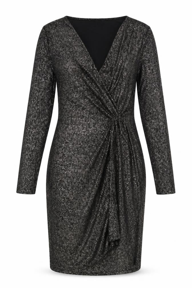Front view of Marks & Spencer women’s black polyester sheath, size UK 10, v-neck pullover - wrap front detail