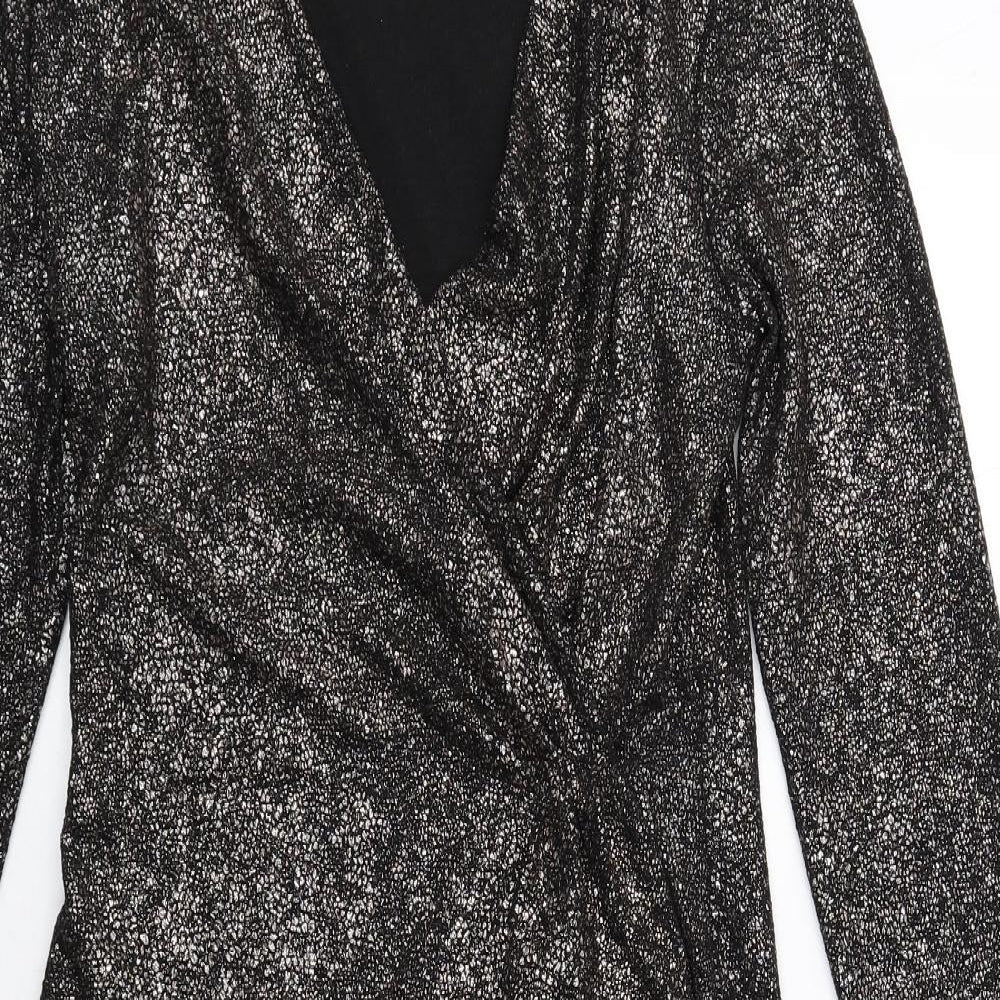Marks and Spencer Womens Black Polyester Sheath Size 10 V-Neck Pullover - Wrap Front Detail