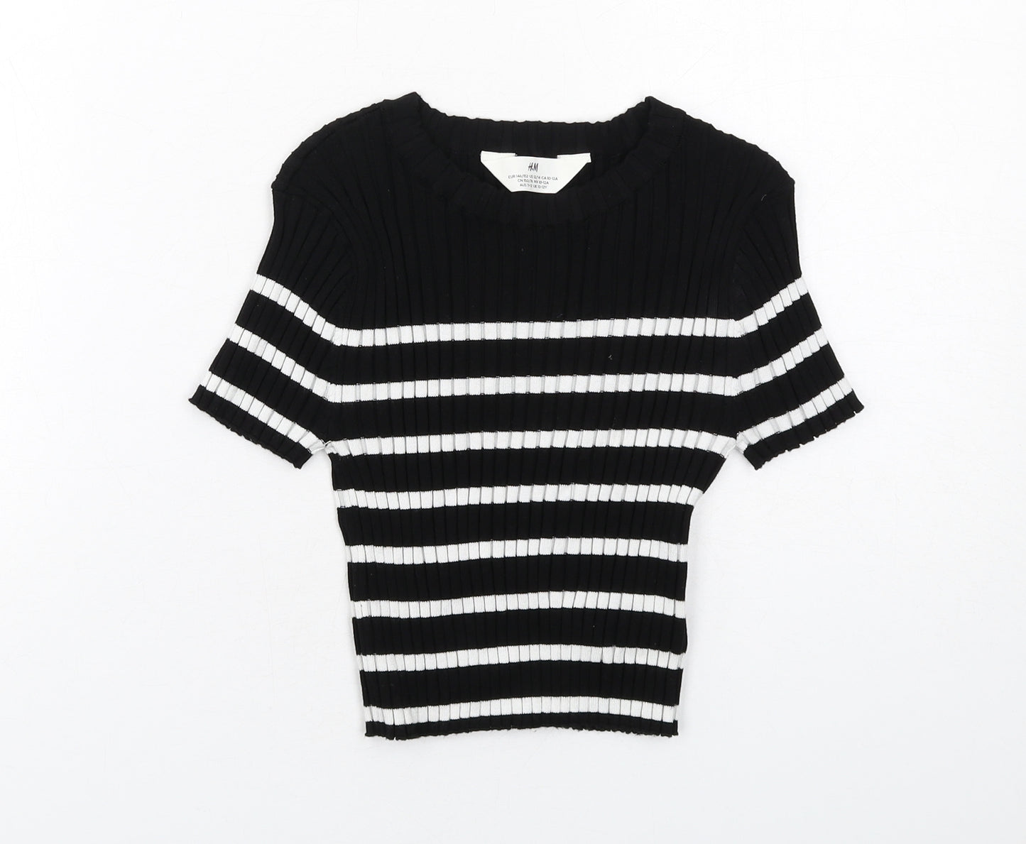 H&M Girls Black Striped Viscose Basic T-Shirt Size 10-11 Years Boat Neck Pullover - Ribbed