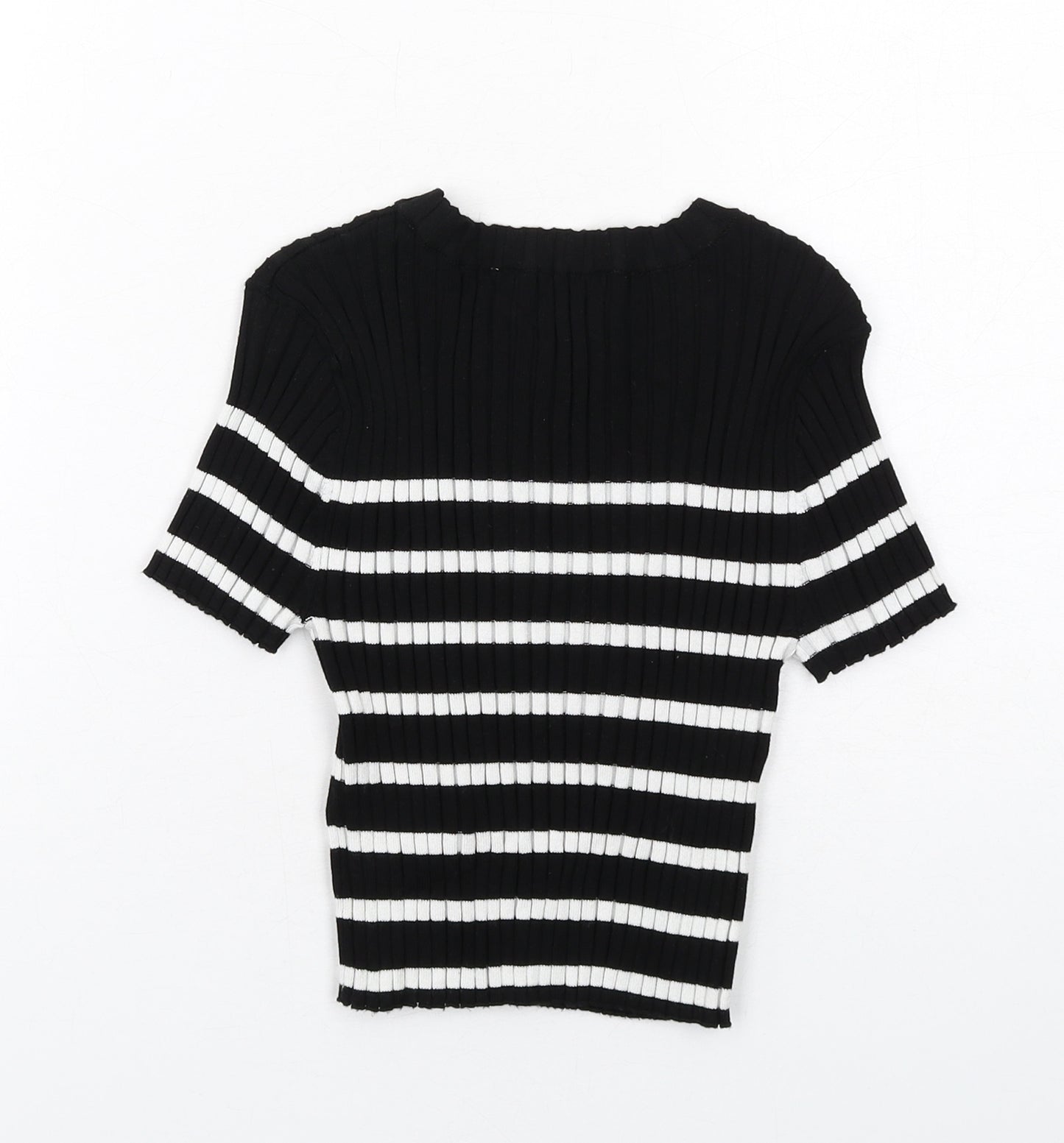 H&M Girls Black Striped Viscose Basic T-Shirt Size 10-11 Years Boat Neck Pullover - Ribbed