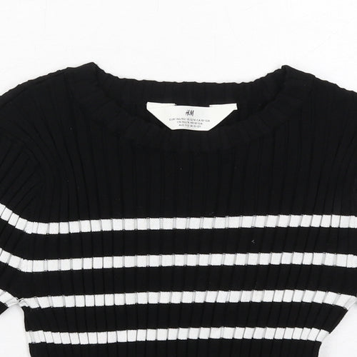 H&M Girls Black Striped Viscose Basic T-Shirt Size 10-11 Years Boat Neck Pullover - Ribbed