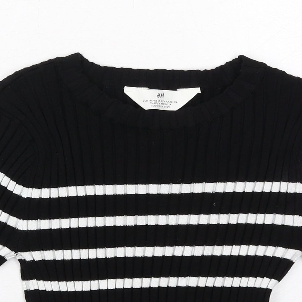 H&M Girls Black Striped Viscose Basic T-Shirt Size 10-11 Years Boat Neck Pullover - Ribbed