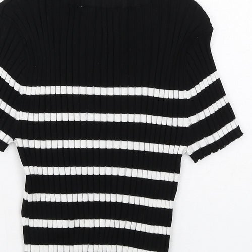 H&M Girls Black Striped Viscose Basic T-Shirt Size 10-11 Years Boat Neck Pullover - Ribbed