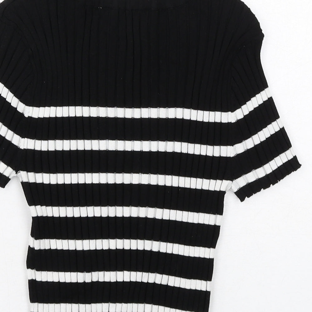 H&M Girls Black Striped Viscose Basic T-Shirt Size 10-11 Years Boat Neck Pullover - Ribbed