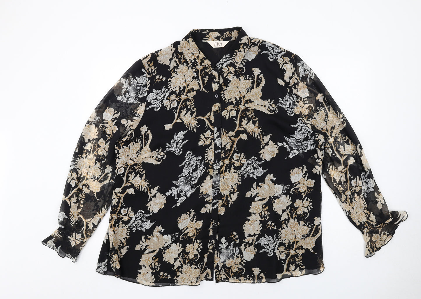ELVI Womens Black Floral Polyester Basic Button-Up Size 22 Collared