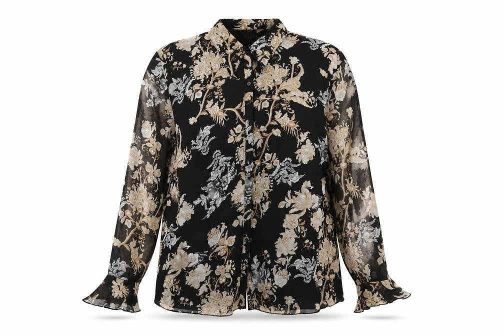 Front view of ELVI women’s black floral polyester basic button-up, size UK 22, collared