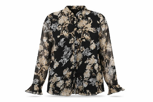 Front view of ELVI women’s black floral polyester basic button-up, size UK 22, collared