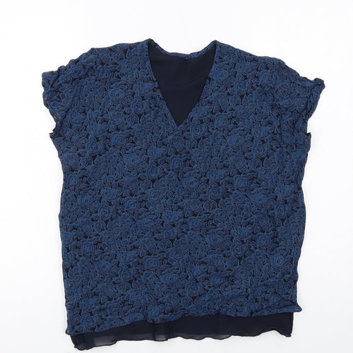 Marks and Spencer Womens Blue Floral Polyester Basic Blouse Size 12 V-Neck