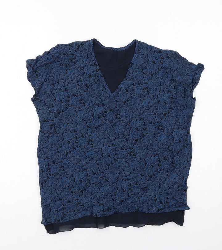 Marks and Spencer Womens Blue Floral Polyester Basic Blouse Size 12 V-Neck