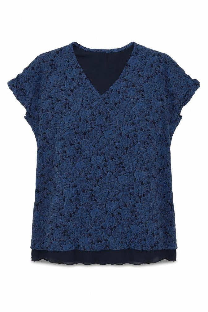 Front view of Marks & Spencer women’s blue floral polyester basic blouse, size UK 12, v-neck