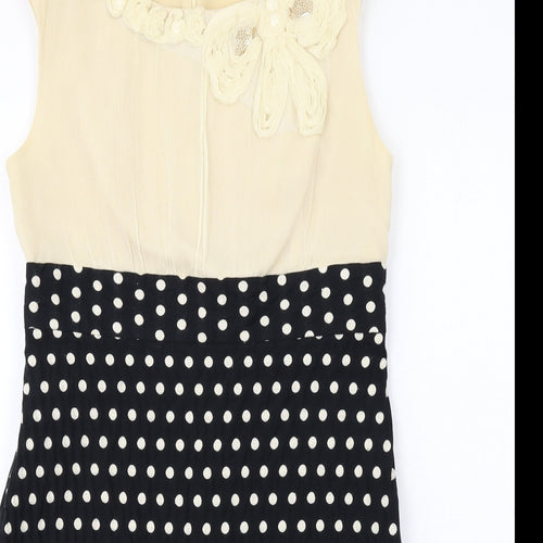 M&Co Womens Black Polka Dot Silk Shift Size 14 Boat Neck Zip - Neckline Detail