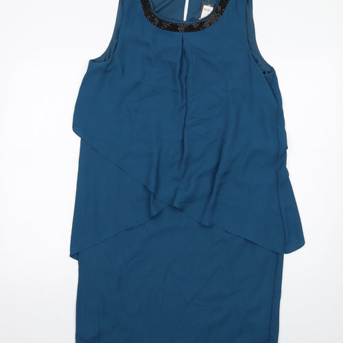 M&Co Womens Blue Polyester Sheath Size 12 Boat Neck Button - Embellished Neckline