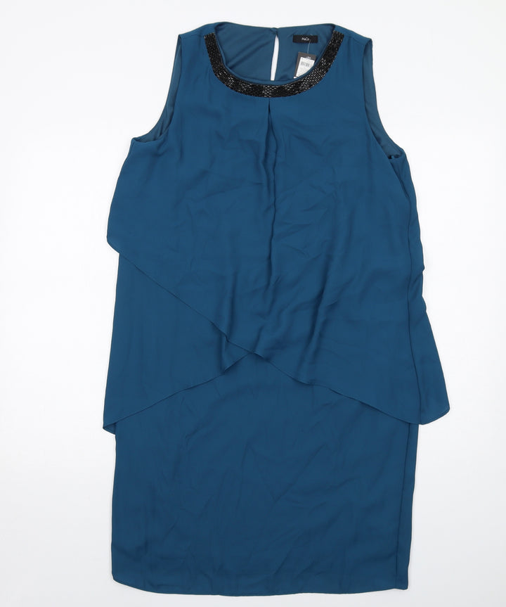 M&Co Womens Blue Polyester Sheath Size 12 Boat Neck Button - Embellished Neckline