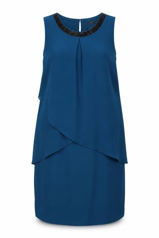 Front view of M&Co women’s blue polyester sheath, size UK 12, boat neck button - embellished neckline