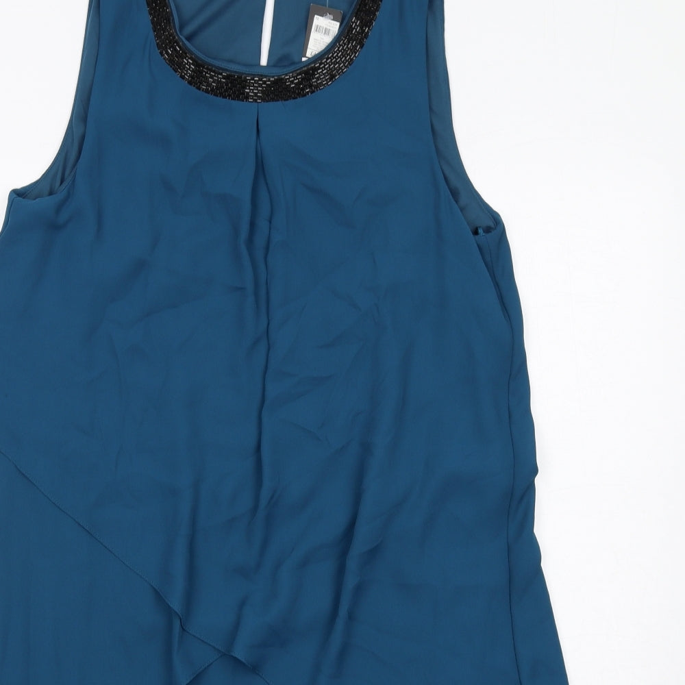 M&Co Womens Blue Polyester Sheath Size 12 Boat Neck Button - Embellished Neckline