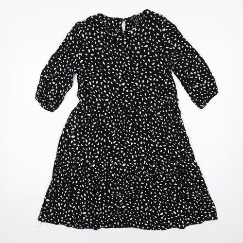 New Look Womens Black Geometric Viscose Fit & Flare Size 8 Boat Neck Button