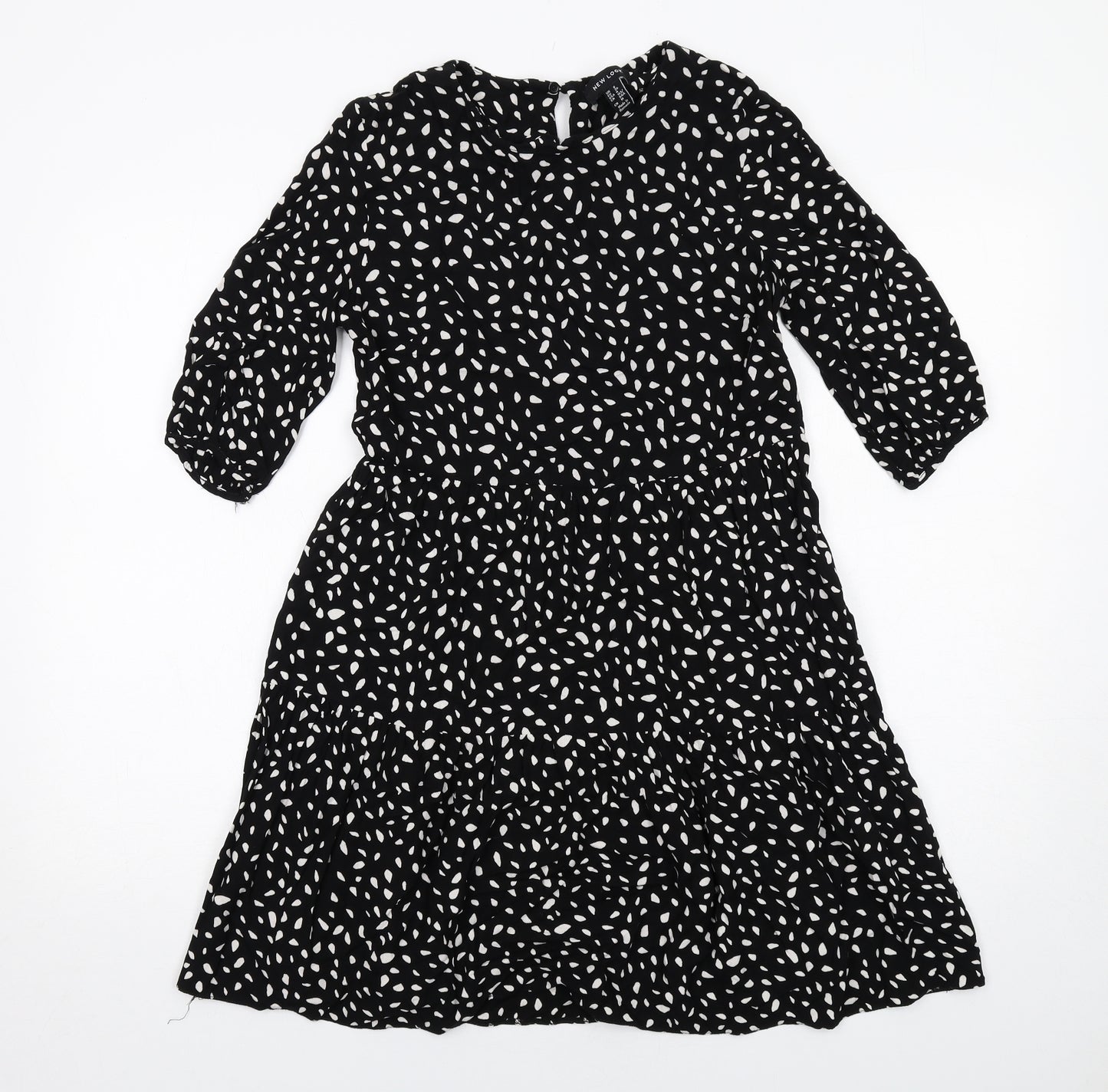 New Look Womens Black Geometric Viscose Fit & Flare Size 8 Boat Neck Button