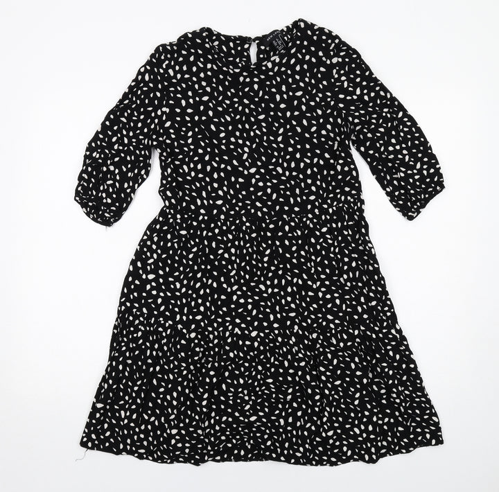 New Look Womens Black Geometric Viscose Fit & Flare Size 8 Boat Neck Button