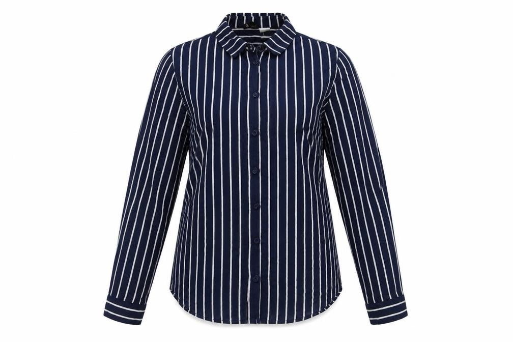 Front view of H&M women’s blue viscose basic button-up, size UK 10, collared