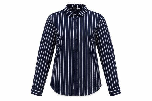Front view of H&M women’s blue viscose basic button-up, size UK 10, collared