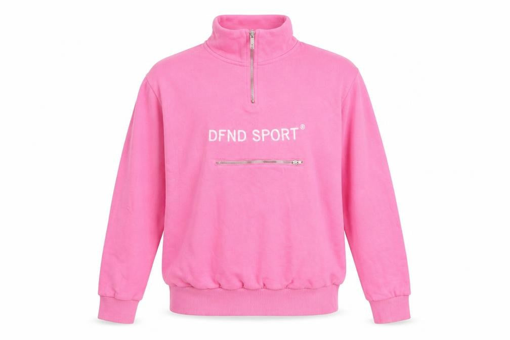 Front view of DFND women’s pink 100% cotton pullover sweatshirt, size UK 12, zip