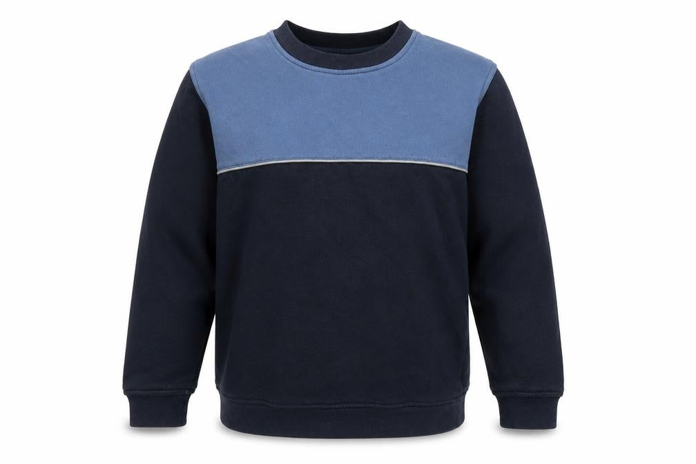 Front view of EWM men’s blue cotton pullover sweatshirt, size S