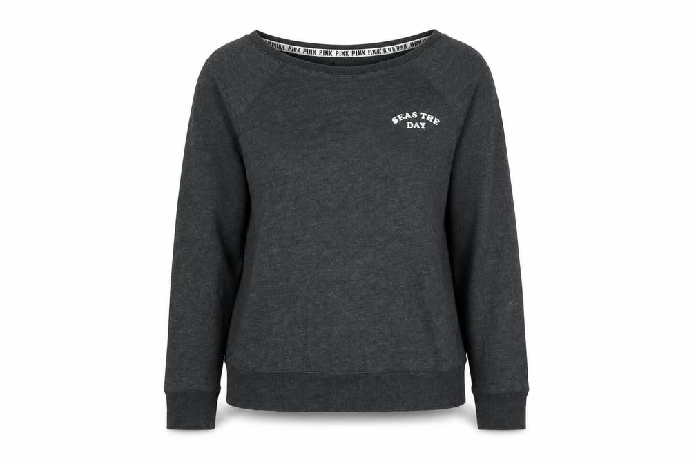 Front view of PINK women’s grey cotton pullover sweatshirt, size S, pullover - seas the day