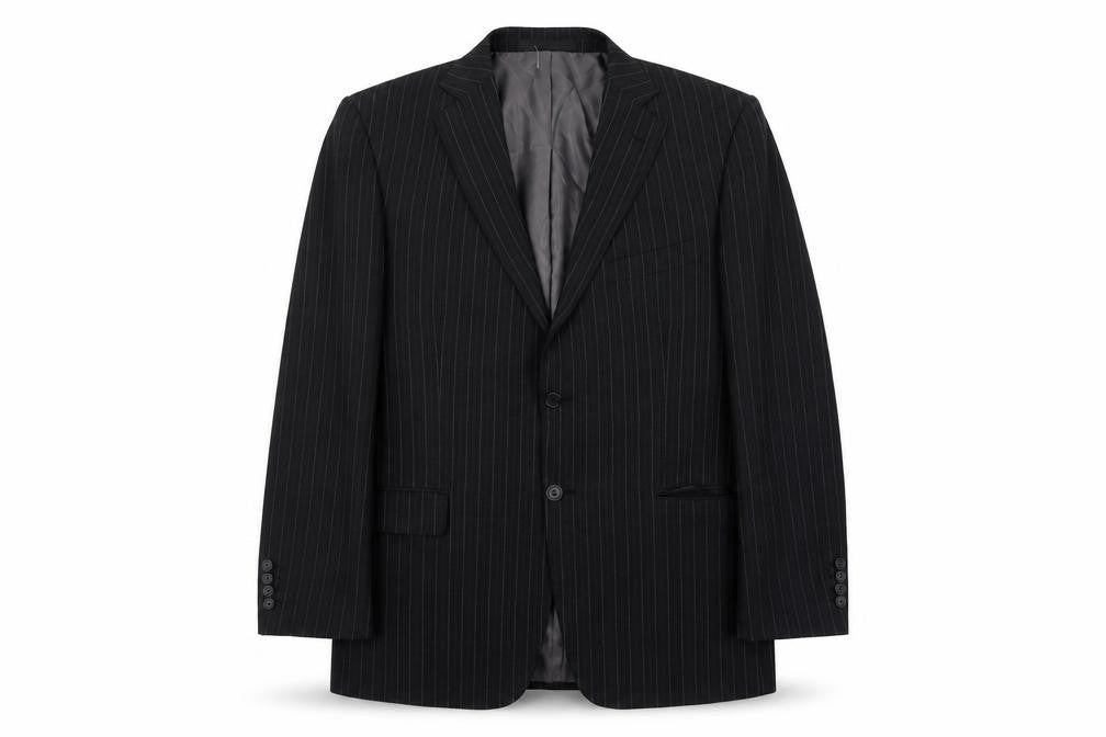 Front view of Marks & Spencer men’s grey striped polyester jacket suit jacket, size 42, regular