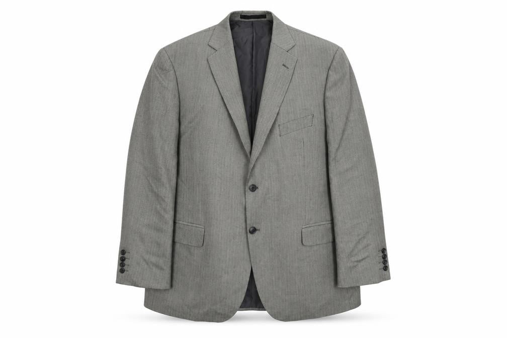 Front view of Marks & Spencer men’s grey striped polyester jacket suit jacket, size 46, regular