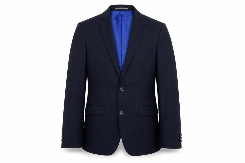 Front view of Marks & Spencer men’s blue striped polyester jacket suit jacket, size 36, regular
