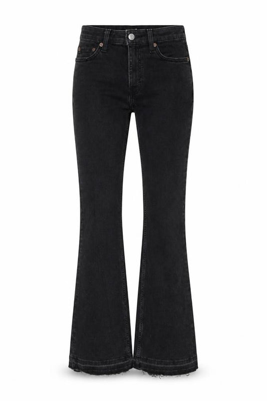 Front view of Weekday women’s black cotton bootcut jeans, size UK 23, in, 33-inch leg regular button